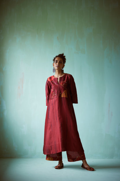 Dark Red Tie & Dye Hand Embellished Tunic Set