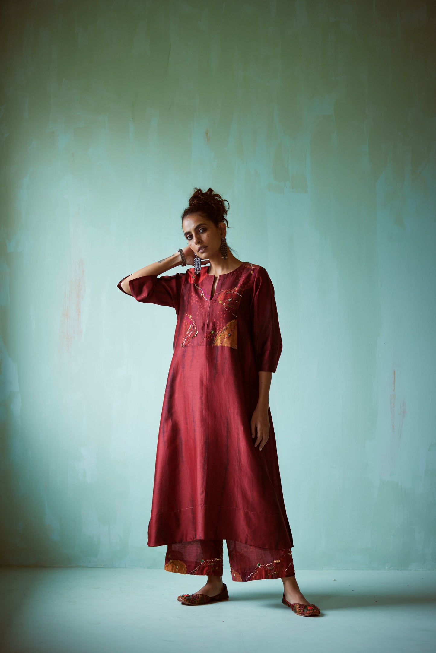 Dark Red Tie & Dye Hand Embellished Tunic Set