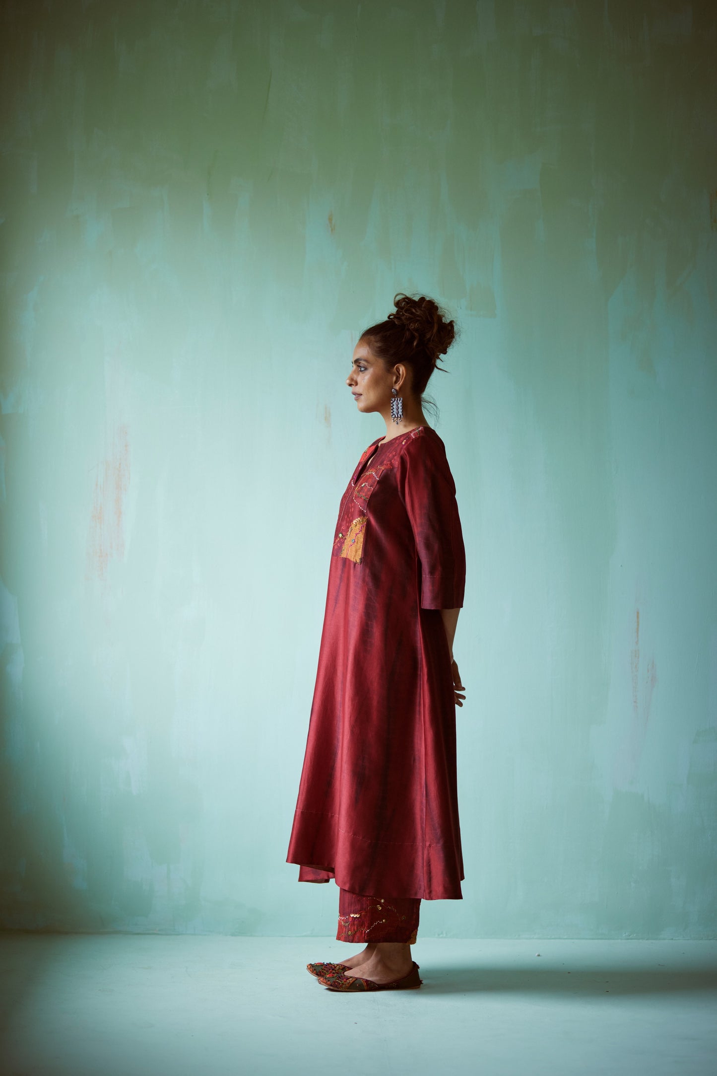 Dark Red Tie & Dye Hand Embellished Tunic Set