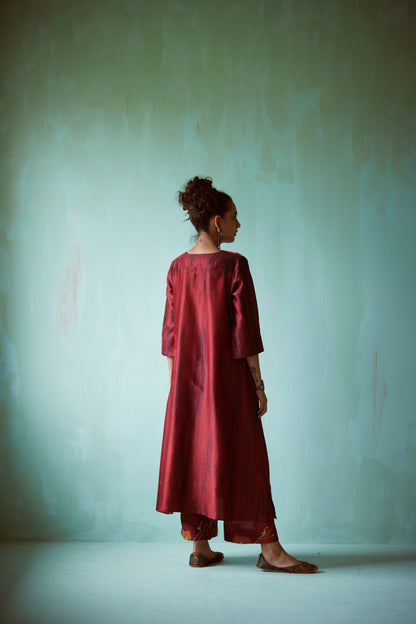 Dark Red Tie & Dye Hand Embellished Tunic Set