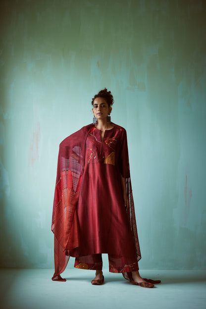 Red Panelled Hand Embellished Dupatta