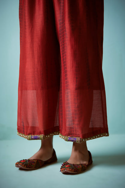 Dark Orange Tie-Dye Hand Embroidered Tunic Set