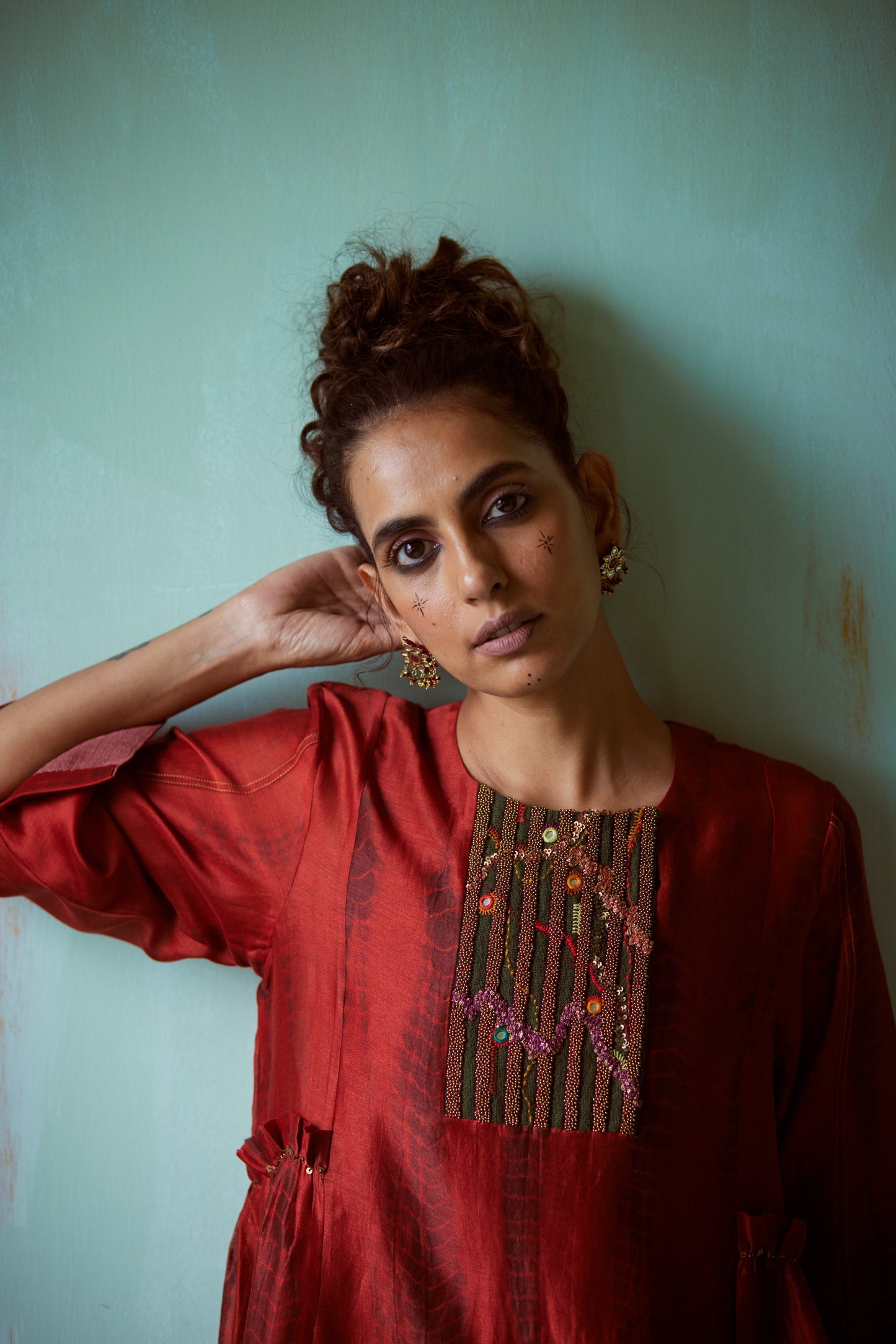Dark Orange Tie-Dye Hand Embroidered Tunic Set