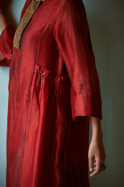 Dark Orange Tie-Dye Hand Embroidered Tunic Set