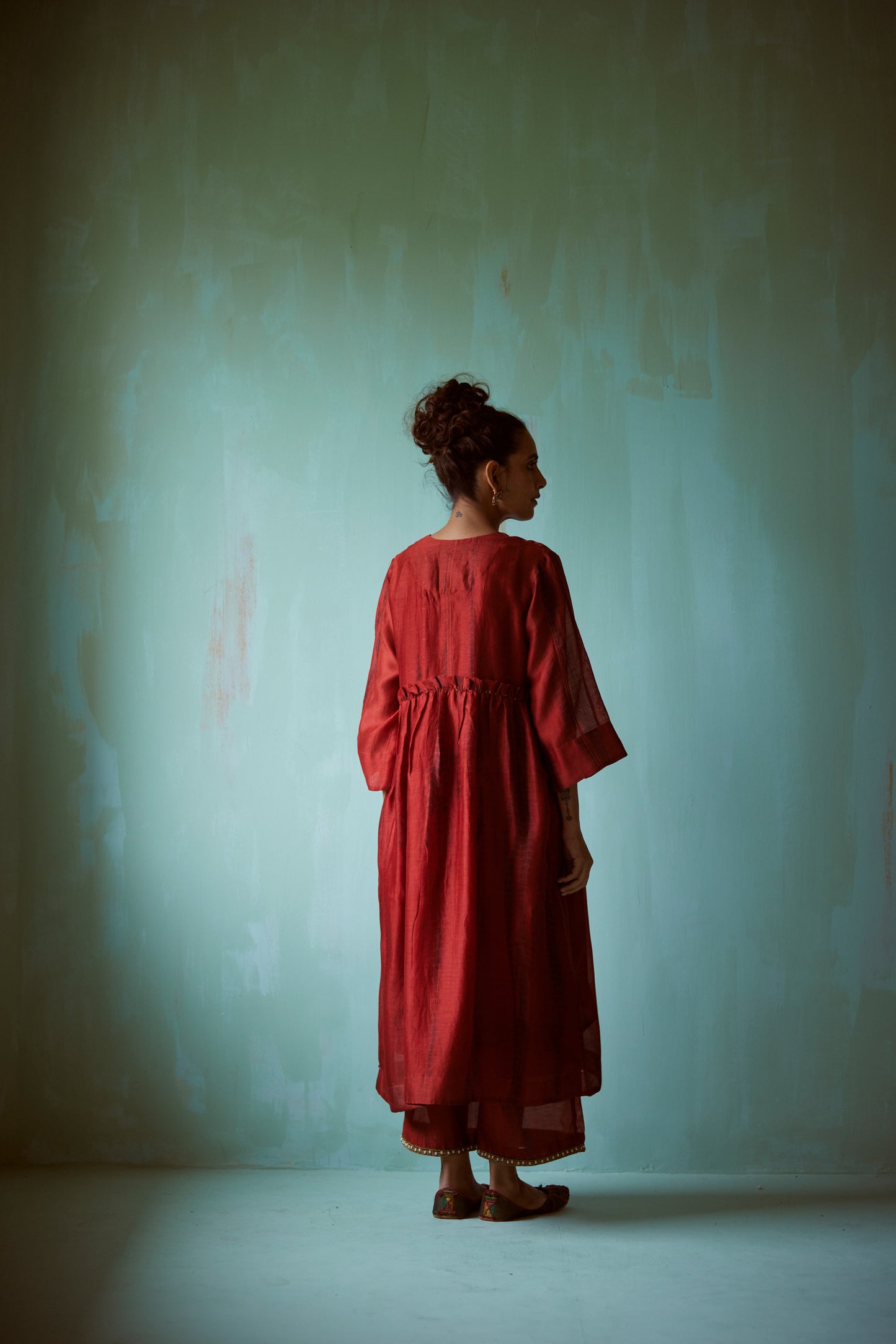 Dark Orange Tie-Dye Hand Embroidered Tunic Set