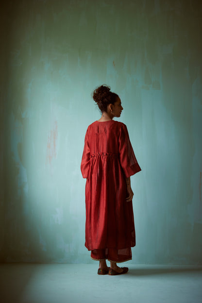 Dark Orange Tie-Dye Hand Embroidered Tunic Set