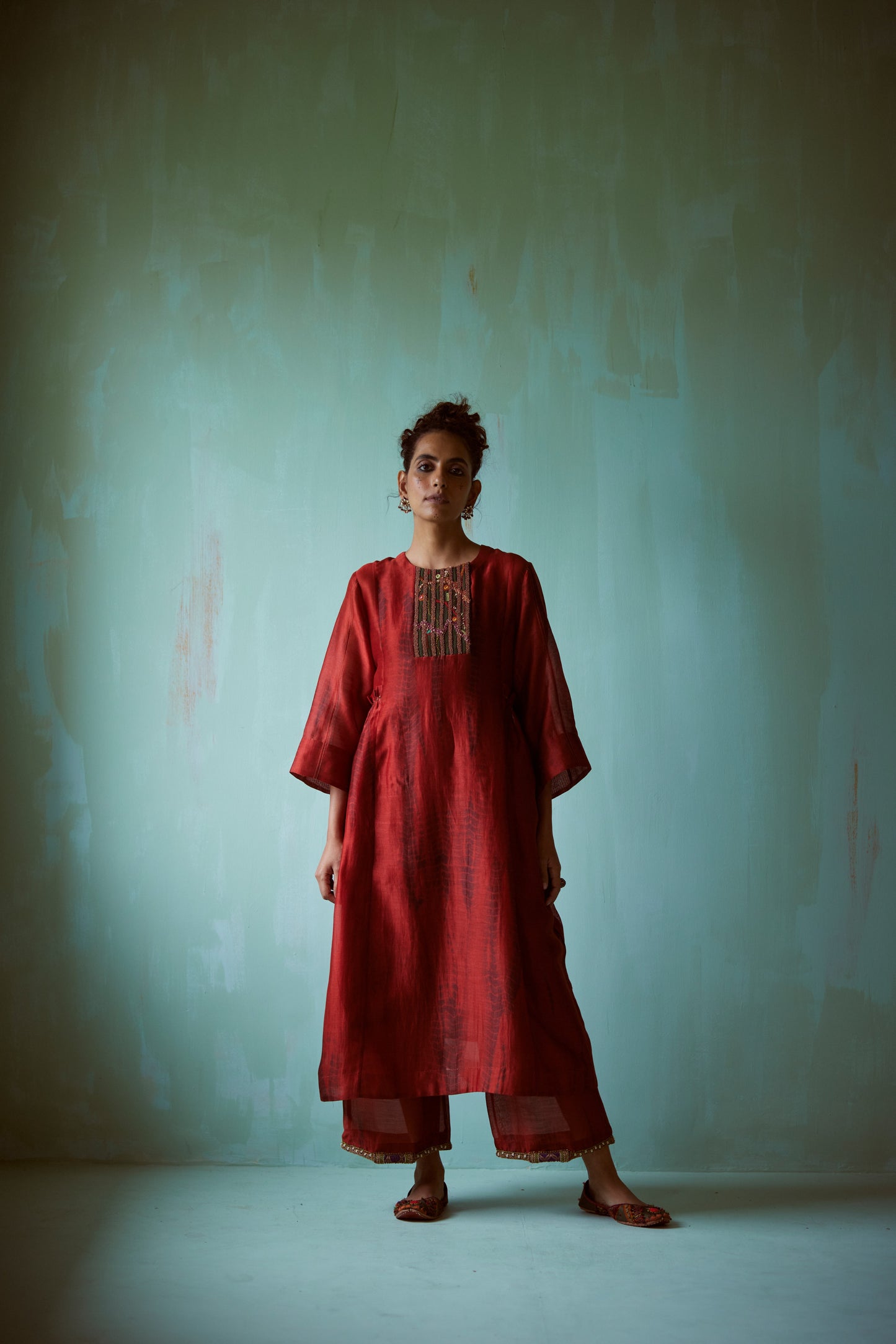 Dark Orange Tie-Dye Hand Embroidered Tunic Set