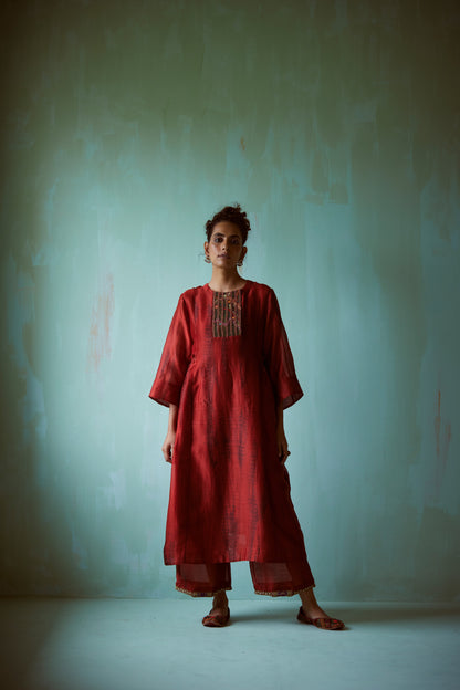 Dark Orange Tie-Dye Hand Embroidered Tunic Set