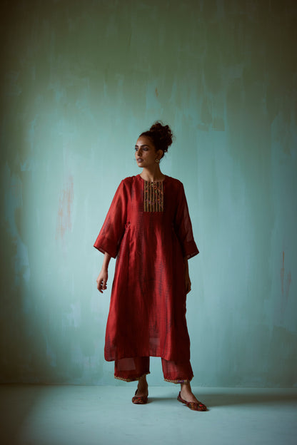 Dark Orange Tie-Dye Hand Embroidered Tunic Set