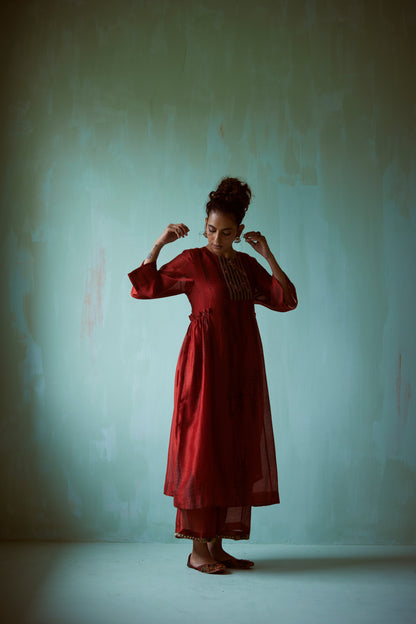 Dark Orange Tie-Dye Hand Embroidered Tunic Set