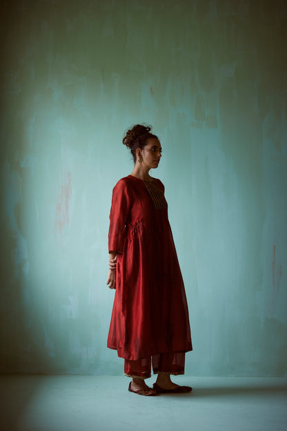 Dark Orange Tie-Dye Hand Embroidered Tunic Set