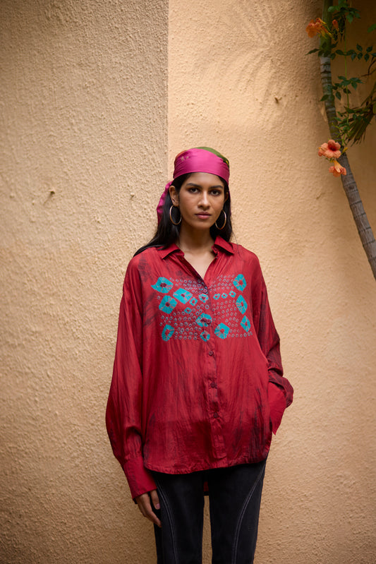 Red Pure Silk Placement Bandhani Motif Shirt