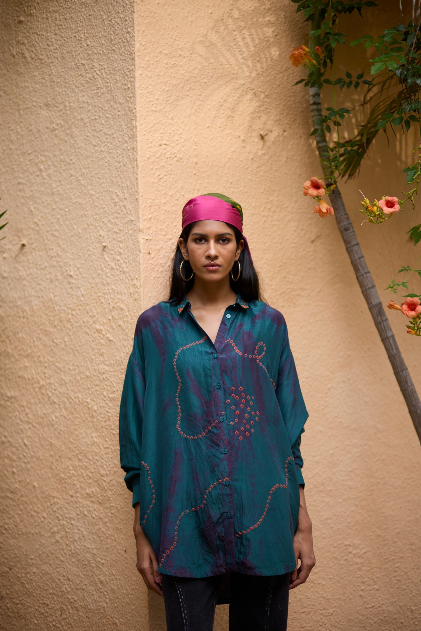 Teal Pure Silk Placement Bandhani Tie-Dye Shirt