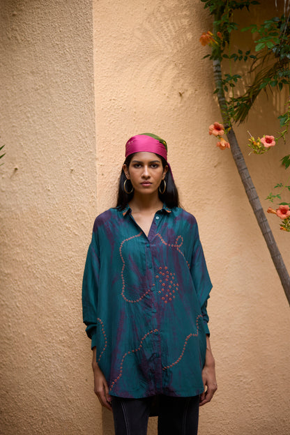 Teal Pure Silk Placement Bandhani Tie-Dye Shirt