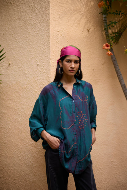 Teal Pure Silk Placement Bandhani Tie-Dye Shirt