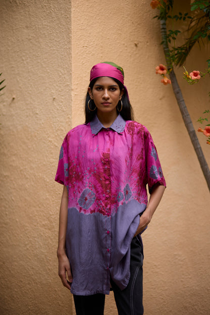 Pink & Grey pure silk tie-dye ombre shirt
