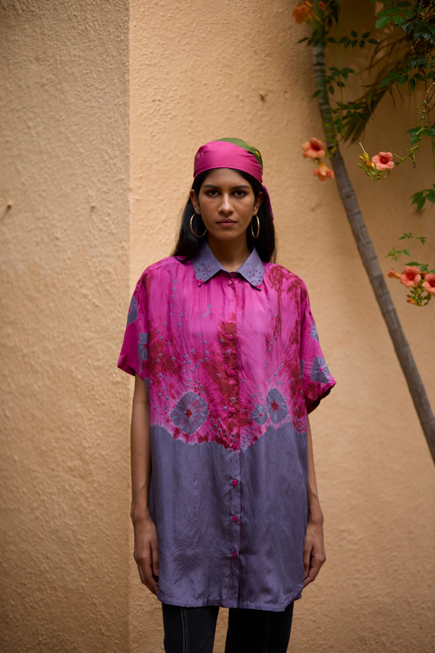 Pink & Grey pure silk tie-dye ombre shirt