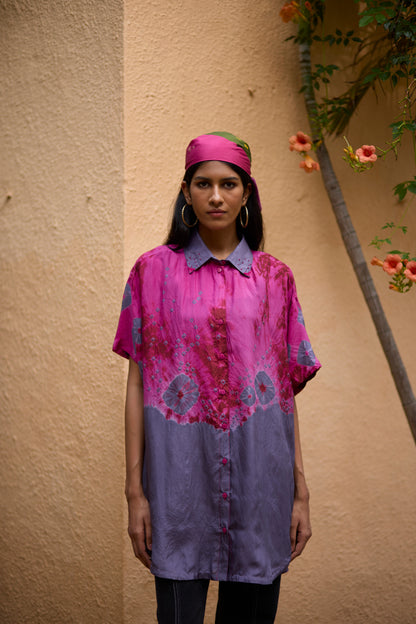 Pink & Grey pure silk tie-dye ombre shirt