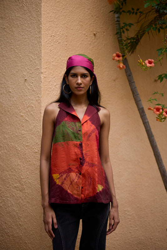 Multicolor Pure Silk Patchwork Sleeveless Shirt