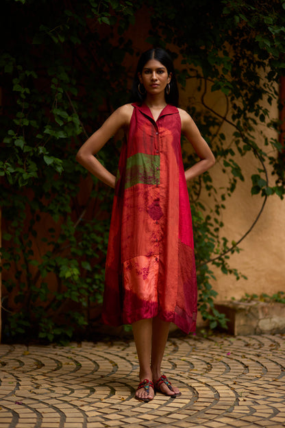 Multicolor Pure Silk Halter-Neck Patchwork Dress