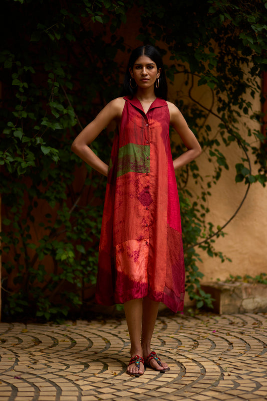 Multicolor Pure Silk Halter-Neck Patchwork Dress
