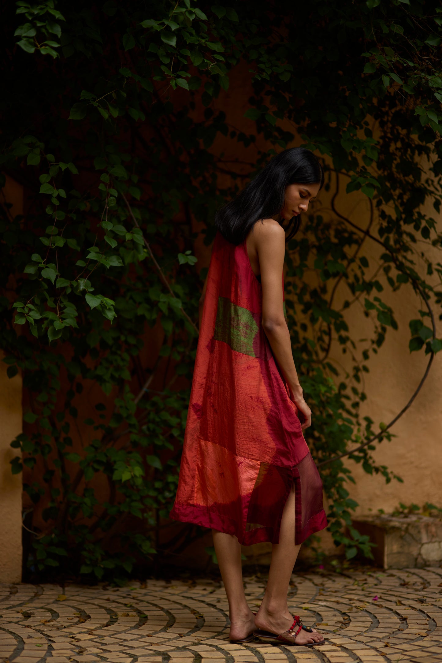 Multicolor Pure Silk Halter-Neck Patchwork Dress