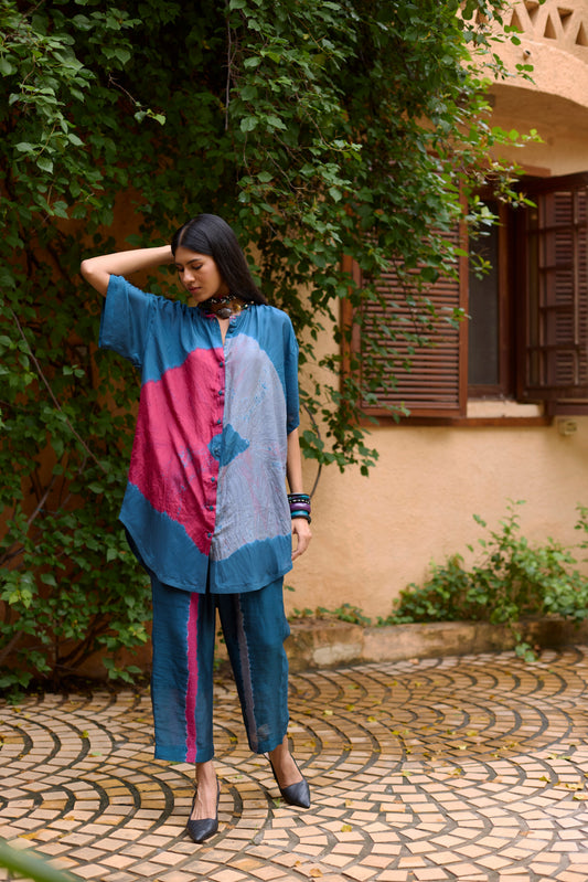 Teal Pure Silk Tie-Dye with Handwork Tunic Set