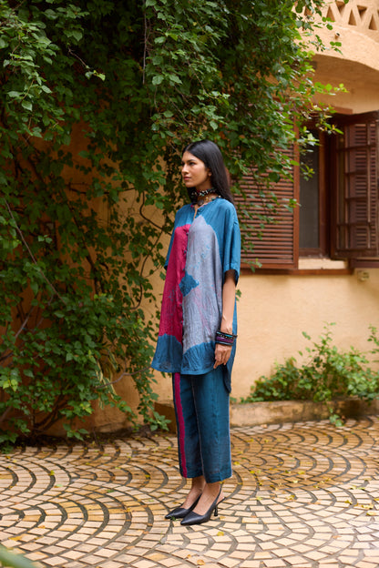Teal Pure Silk Tie-Dye with Handwork Tunic Set