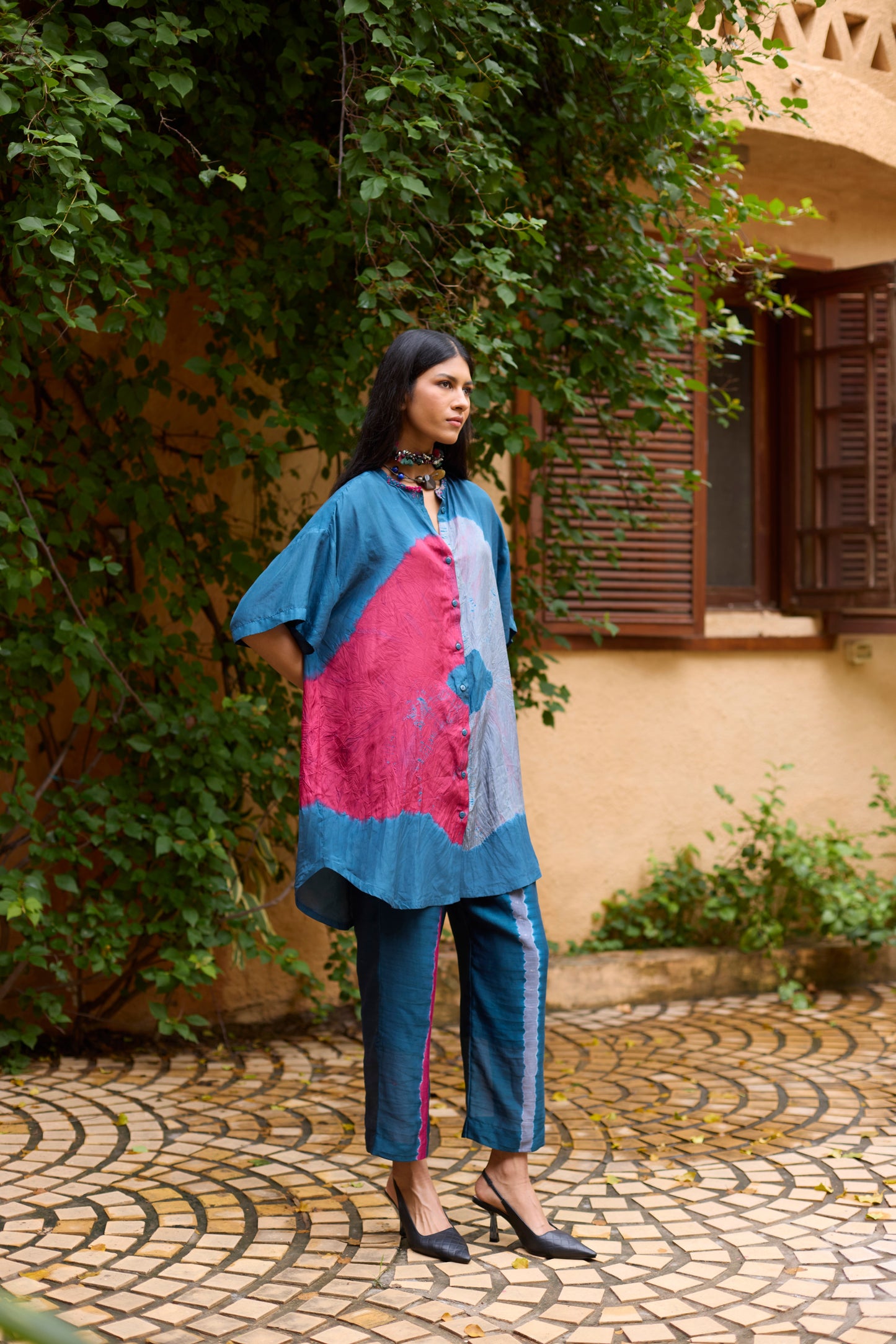 Teal Pure Silk Tie-Dye with Handwork Tunic Set