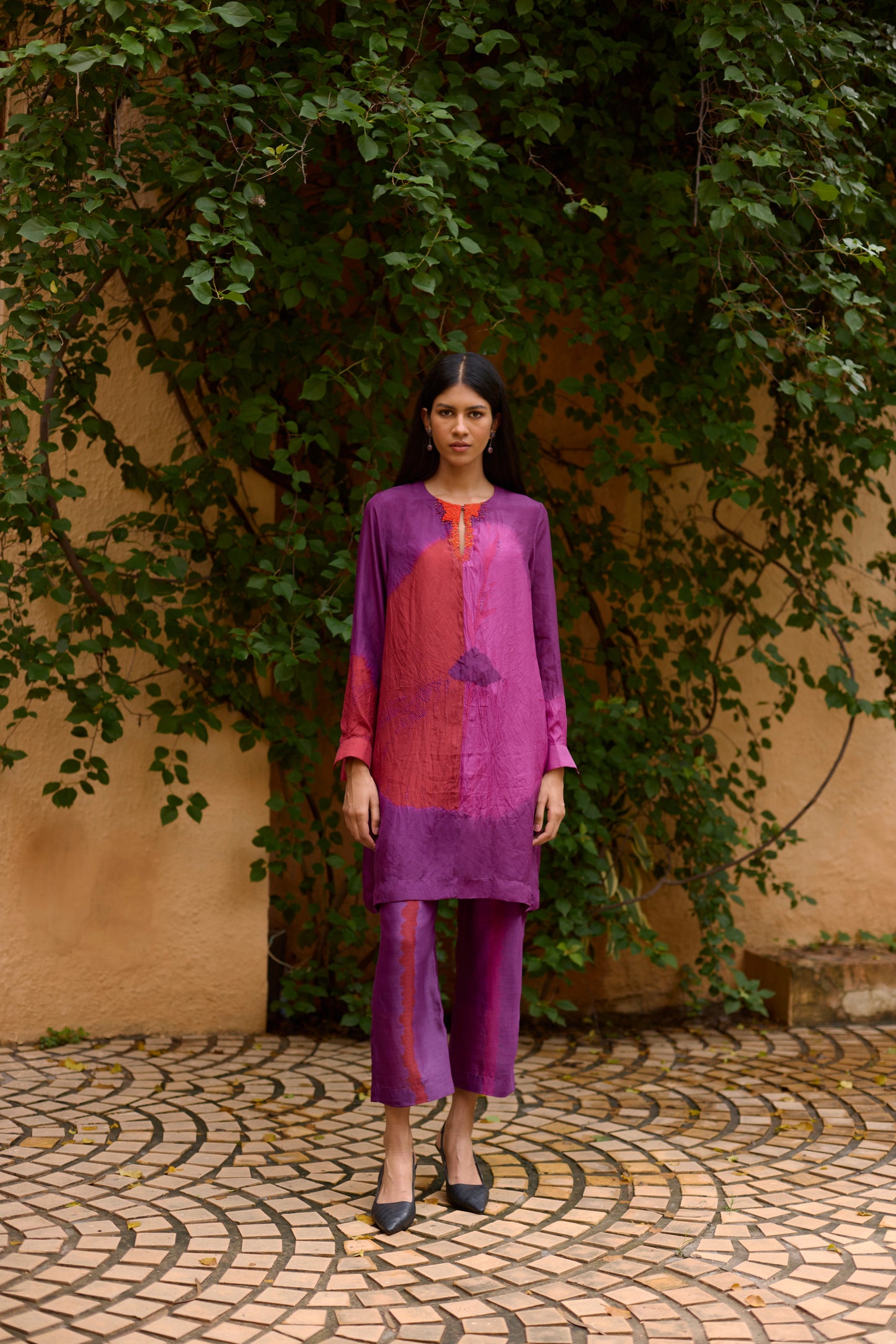 Purple Pure Silk Tie-Dye With Handwork Tunic Set