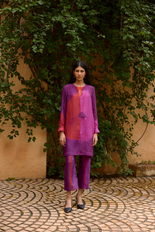 Purple Pure Silk Tie-Dye With Handwork Tunic Set