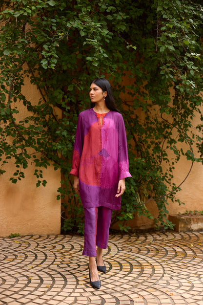 Purple Pure Silk Tie-Dye With Handwork Tunic Set