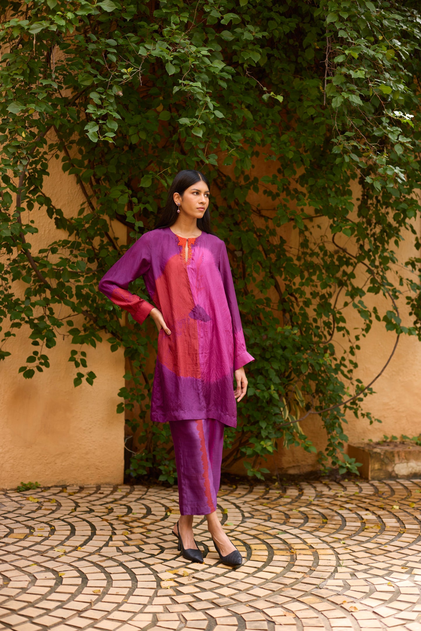 Purple Pure Silk Tie-Dye With Handwork Tunic Set