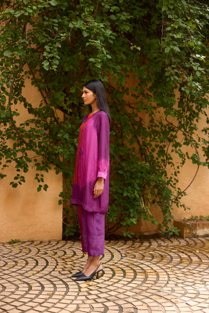 Purple Pure Silk Tie-Dye With Handwork Tunic Set