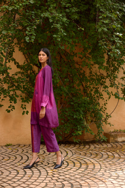 Purple Pure Silk Tie-Dye With Handwork Tunic Set