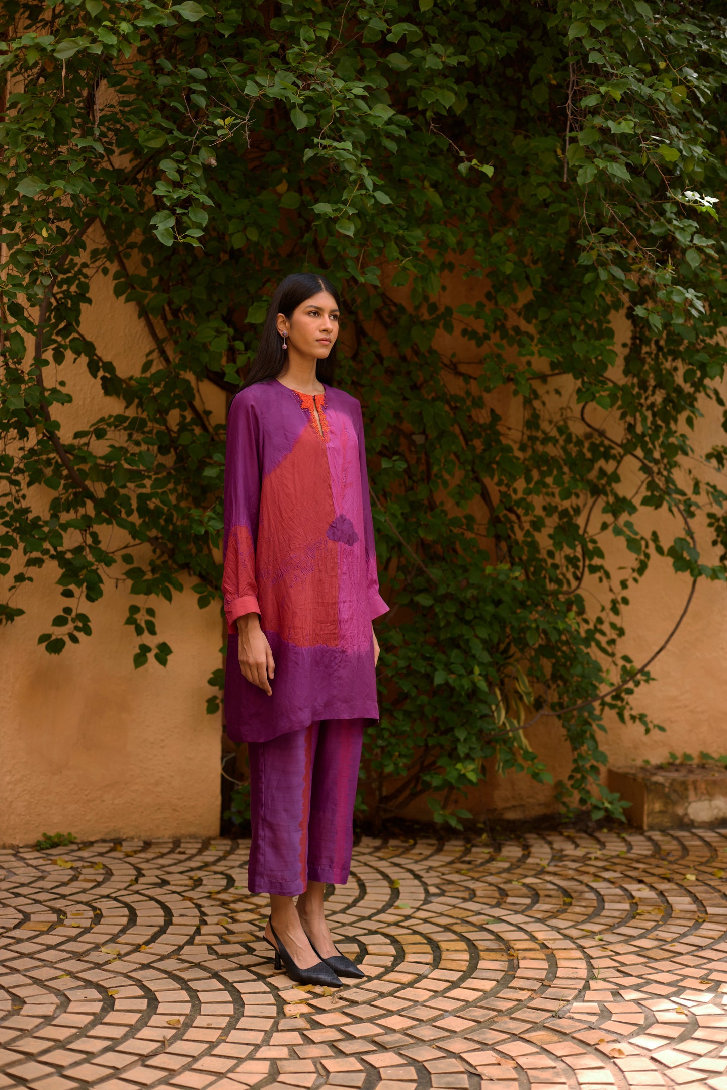 Purple Pure Silk Tie-Dye With Handwork Tunic Set
