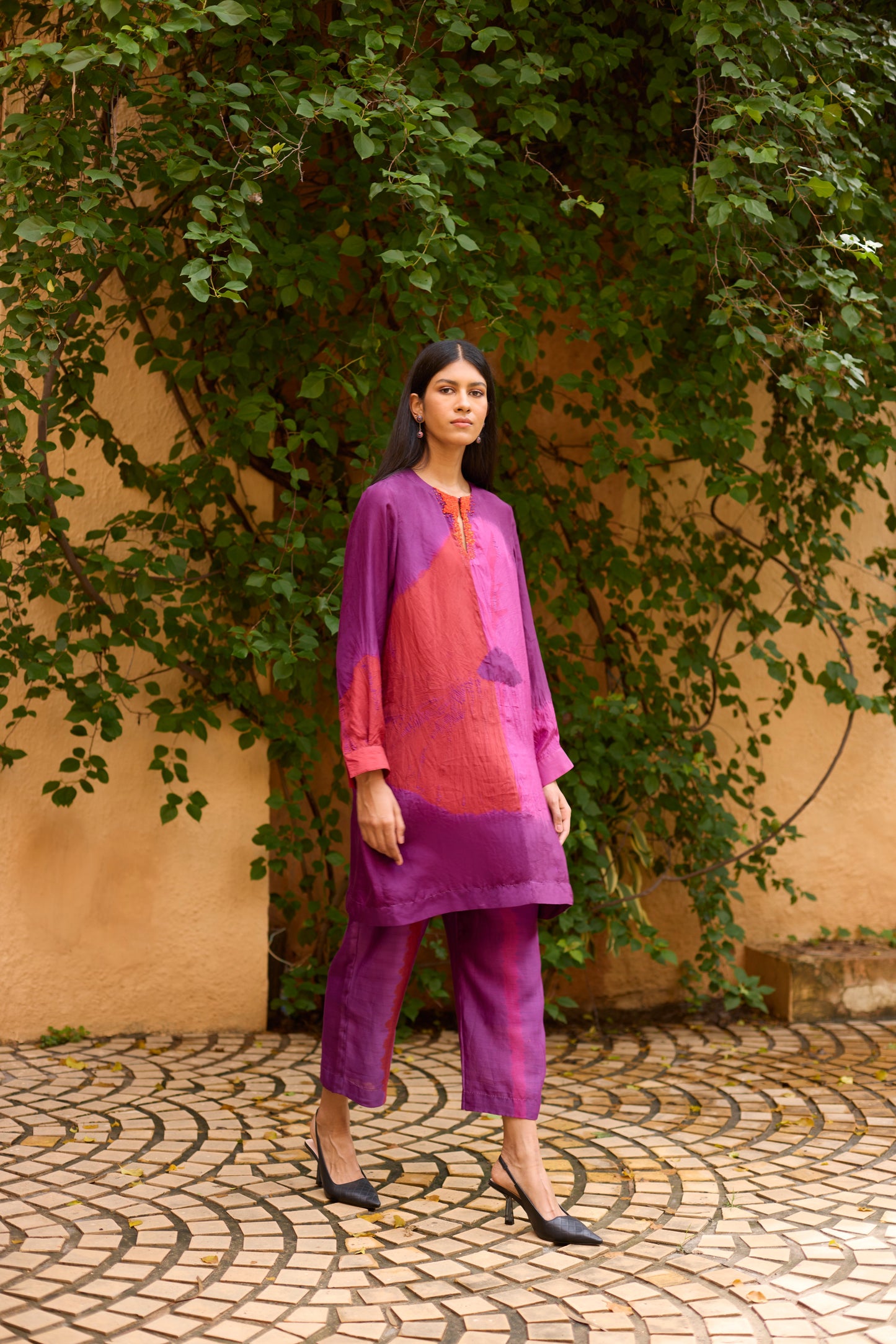 Purple Pure Silk Tie-Dye With Handwork Tunic Set
