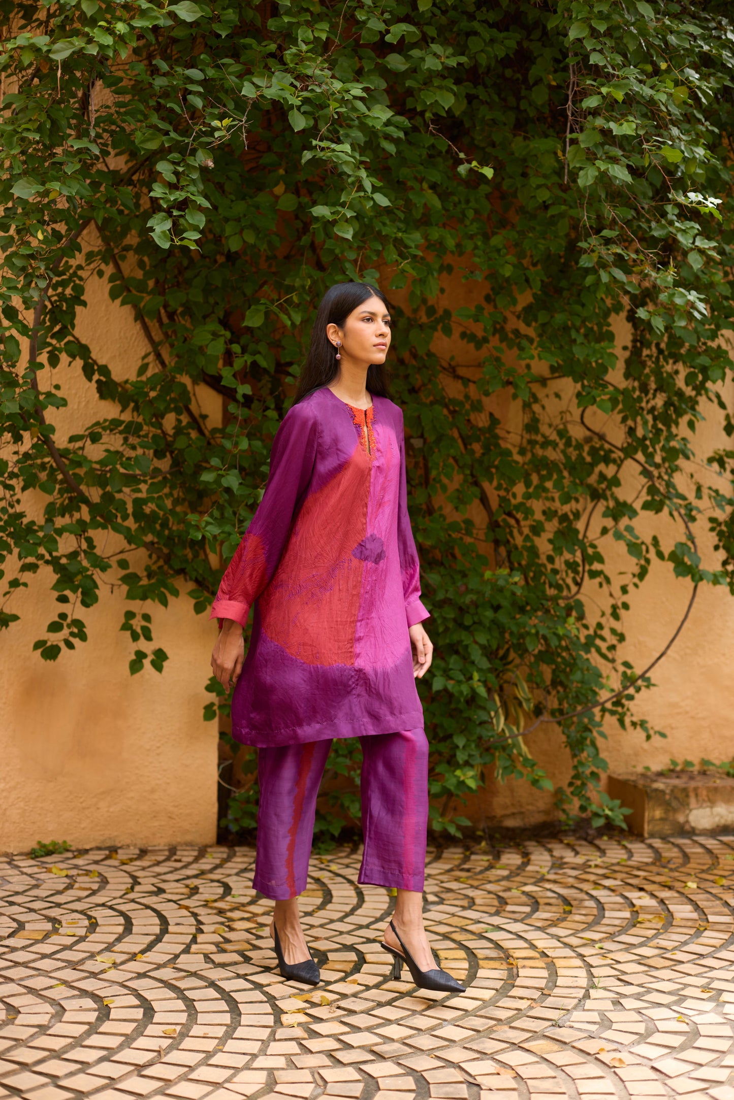 Purple Pure Silk Tie-Dye With Handwork Tunic Set
