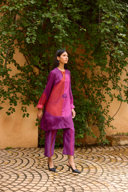 Purple Pure Silk Tie-Dye With Handwork Tunic Set