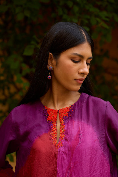 Purple Pure Silk Tie-Dye With Handwork Tunic Set