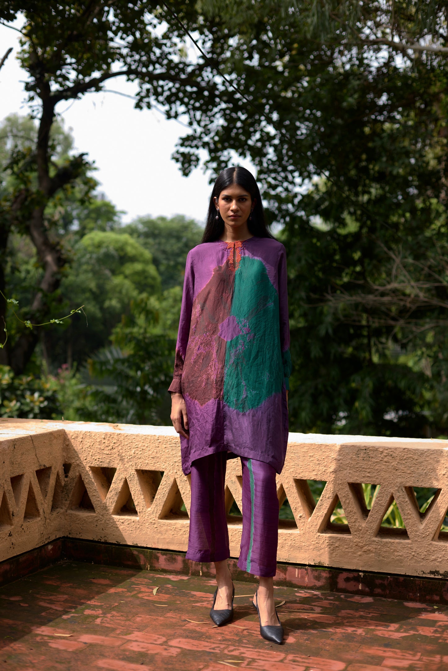 Lavender Pure Silk Tie-Dye Handwork Tunic Set
