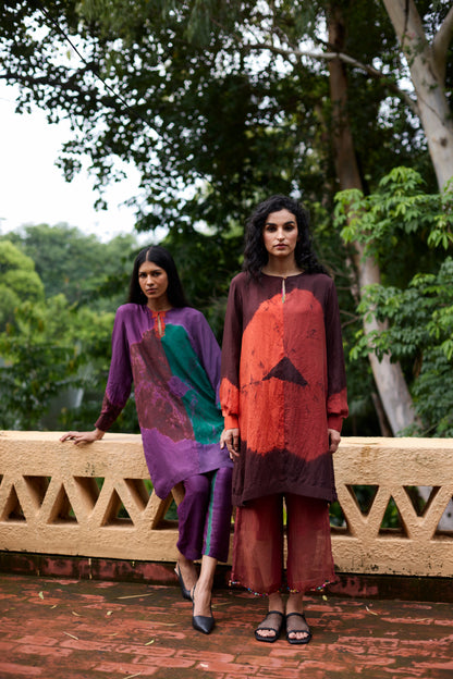 Lavender Pure Silk Tie-Dye Handwork Tunic Set