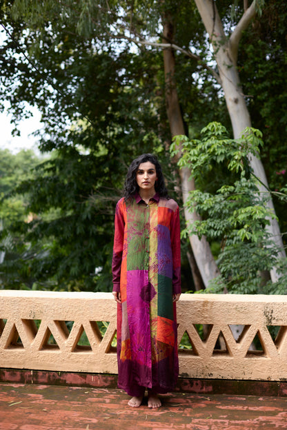 Multicolor Silk Tie-Dye & Patchwork Tunic Set
