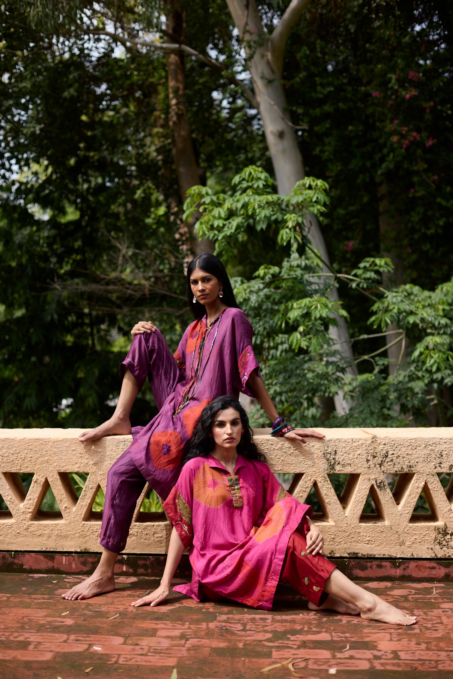 Pink & Red silk tie-dye with embroidered tunic set