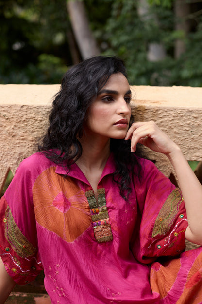 Pink & Red silk tie-dye with embroidered tunic set