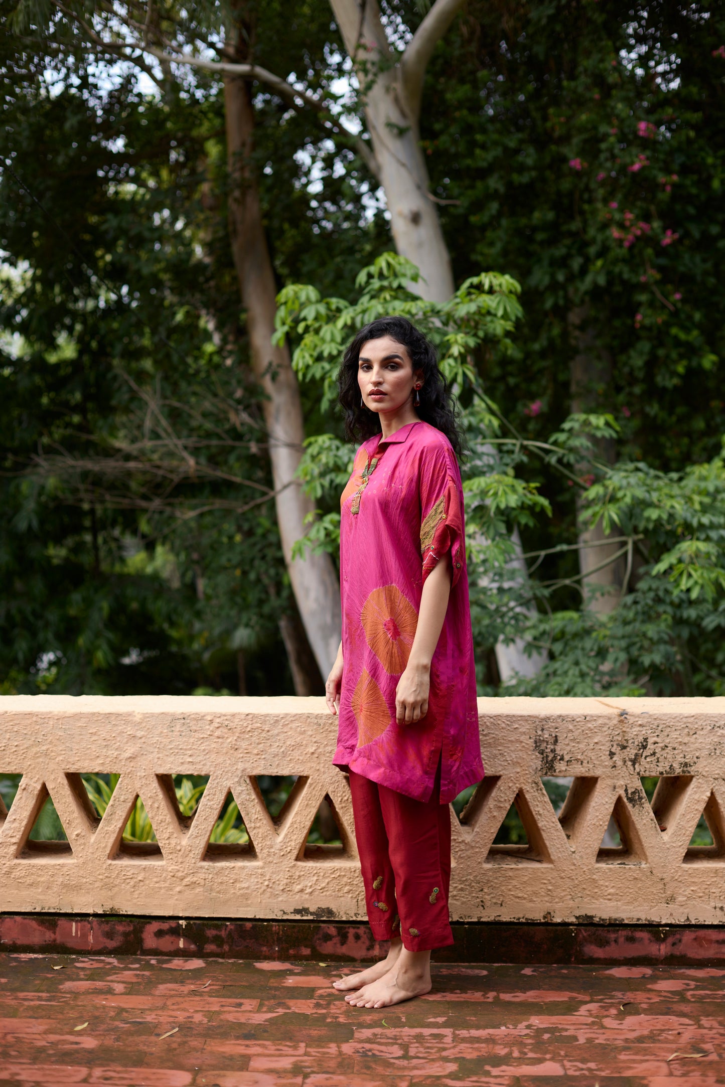 Pink & Red silk tie-dye with embroidered tunic set
