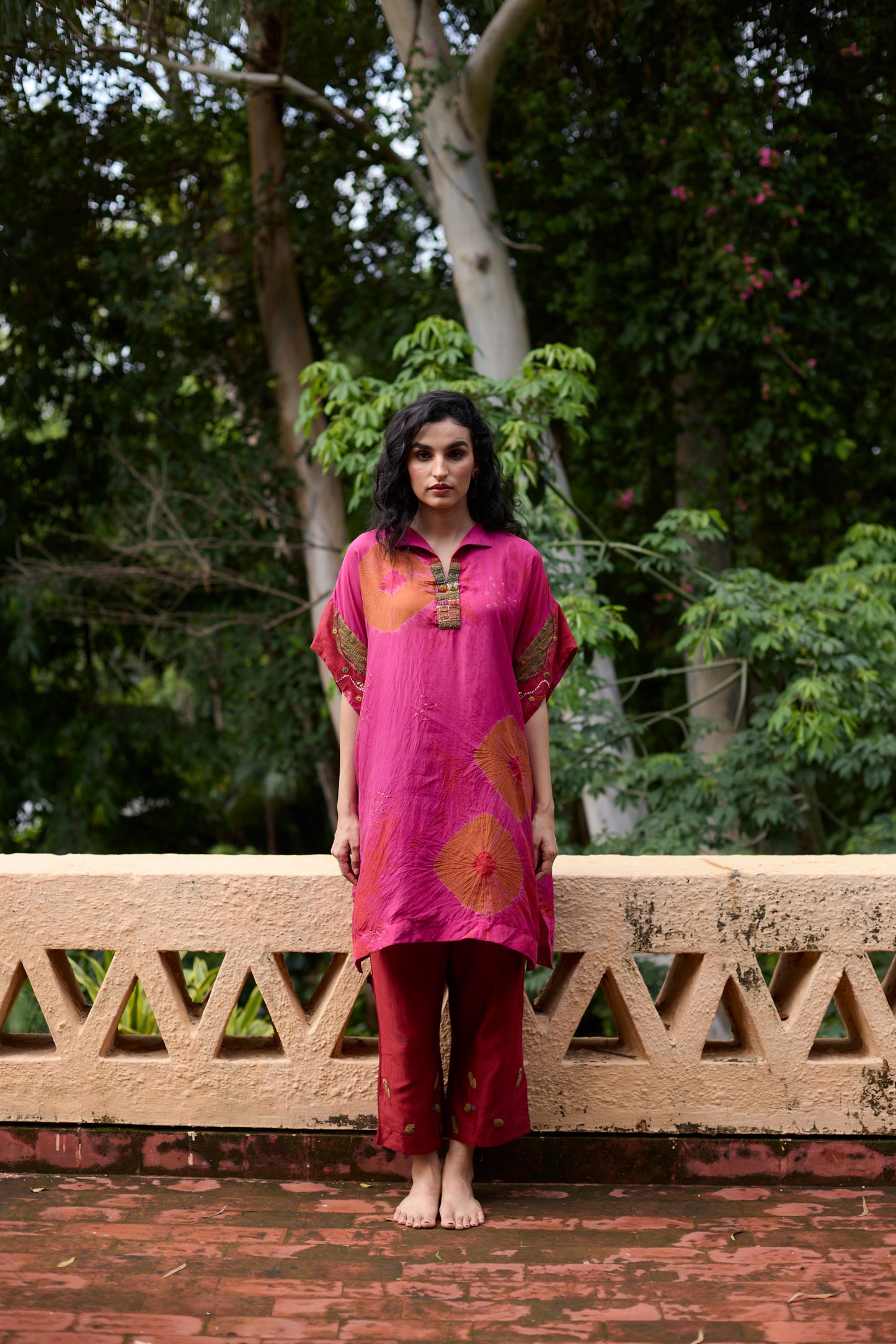 Pink & Red silk tie-dye with embroidered tunic set