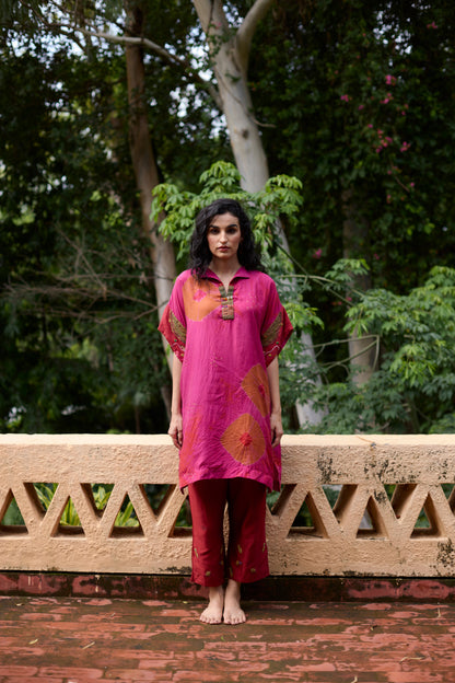 Pink & Red silk tie-dye with embroidered tunic set