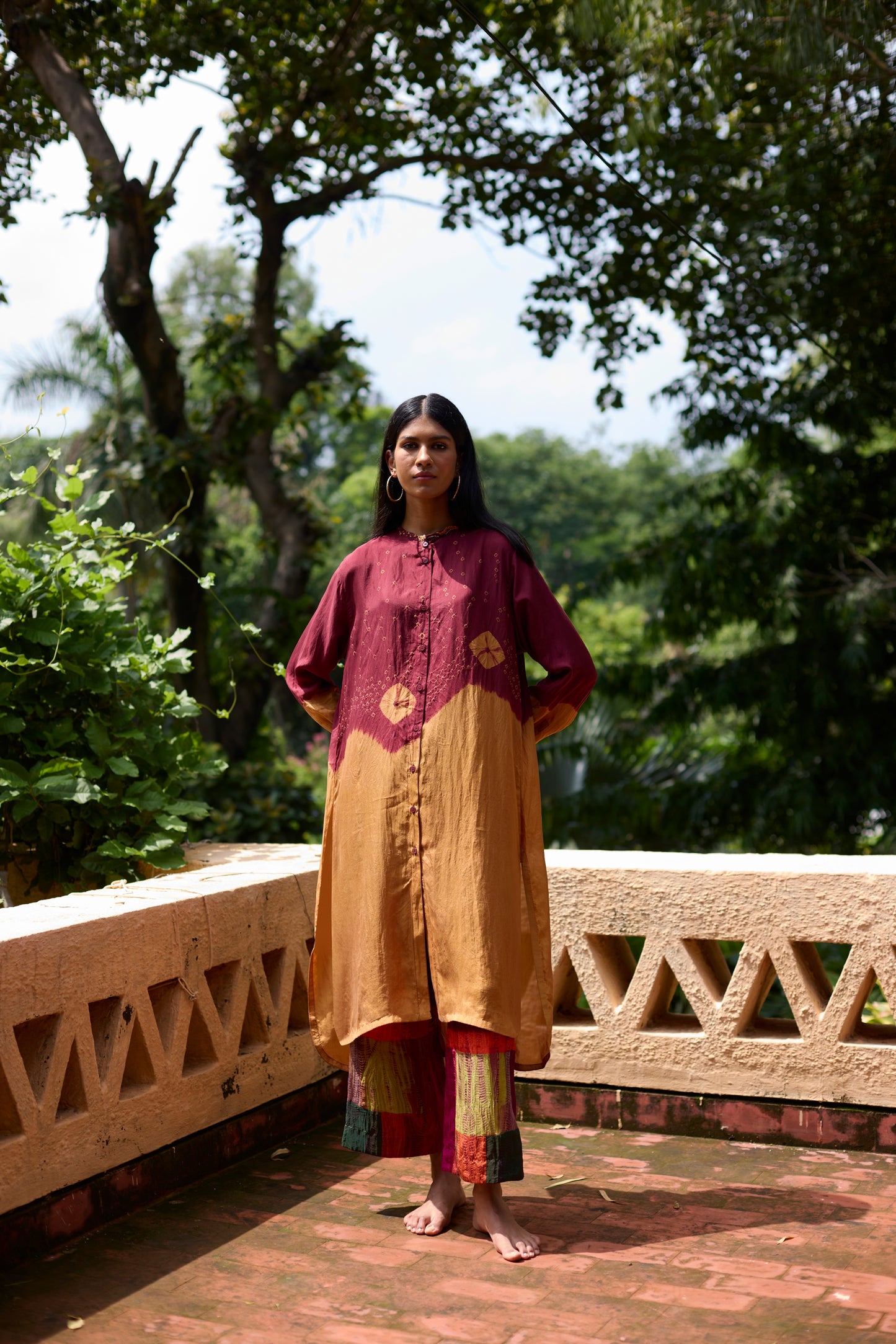 Mustard & Maroon Silk Ombre Dyed Tunic Set