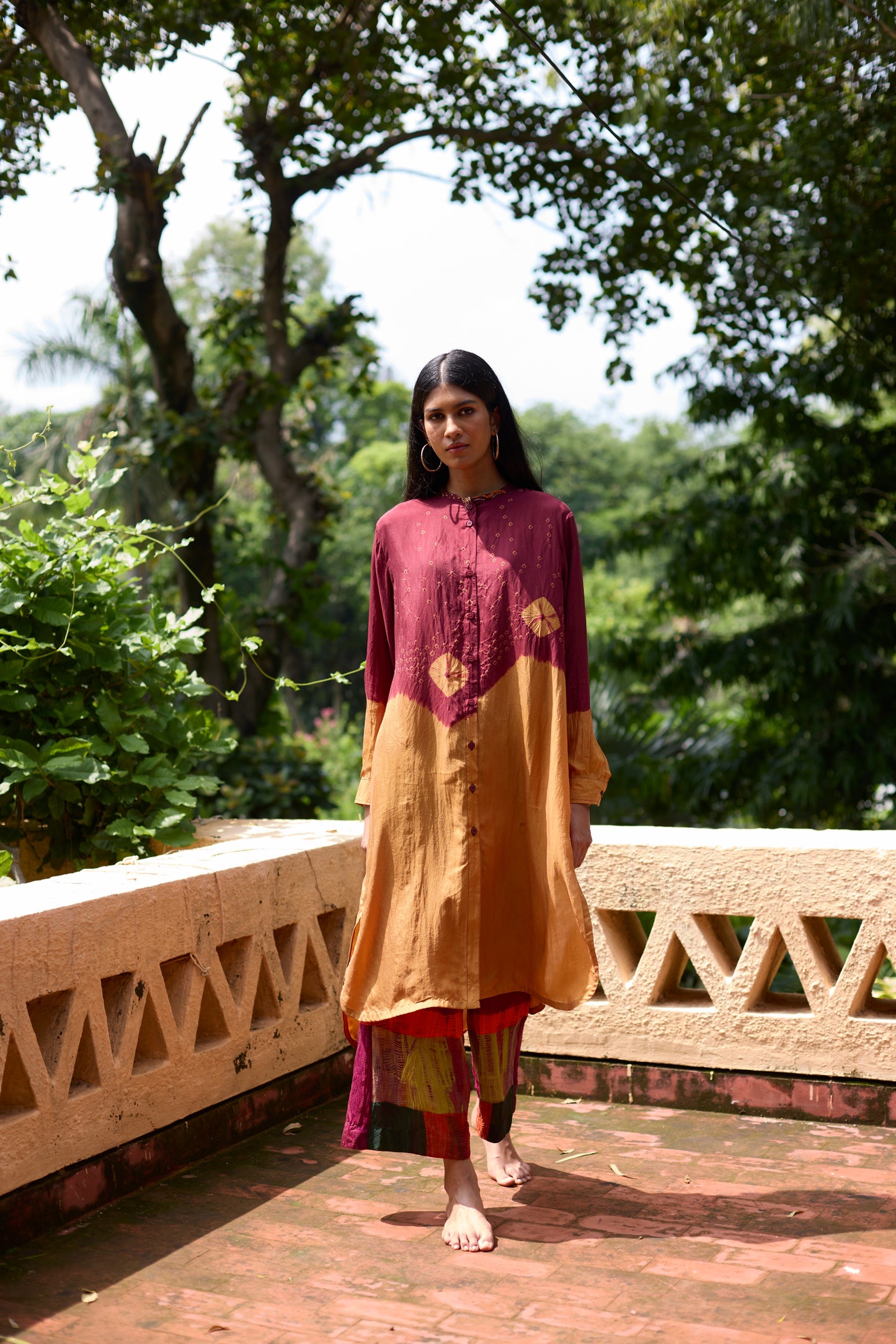 Mustard & Maroon Silk Ombre Dyed Tunic Set